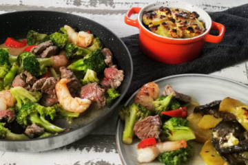 Brokkoli-Pfanne mit Garnelen und Rind mit einem Antipasti-Kartoffelgratin - leckere Raclette-Resteküche